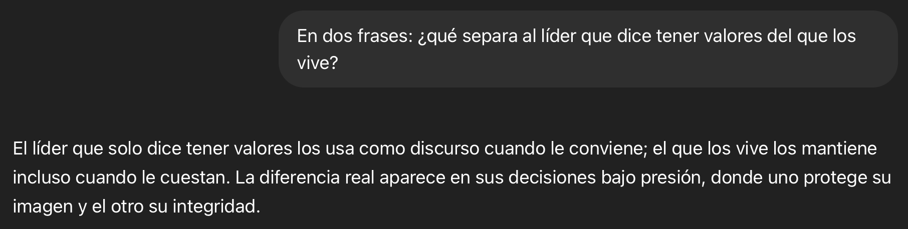 Respuesta de ChatGPT al prompt de liderazgo por valores